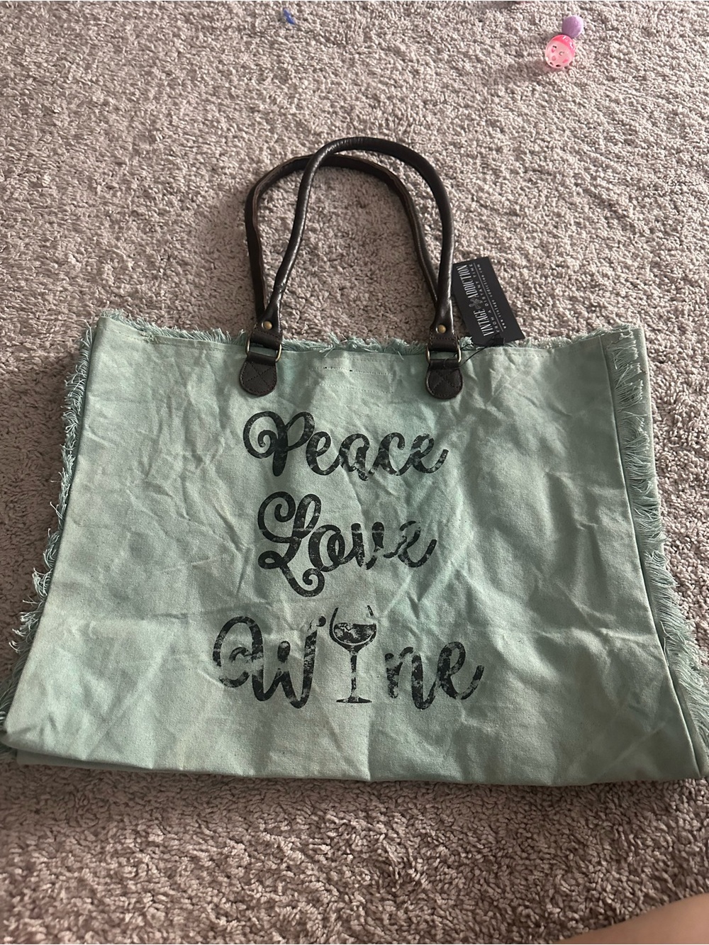 Green Canvas Wine Tote Bag Peace Love Wine Text with Handles